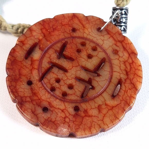 Macrame Cord Chinese Carved Red Stone Medallion Necklace - Picture 7 of 10